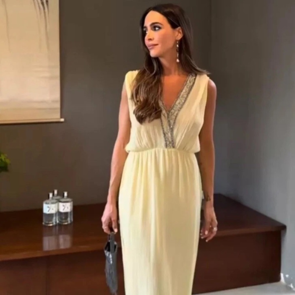 Zara Pale Yellow Maxi Dress with Silver Trim
